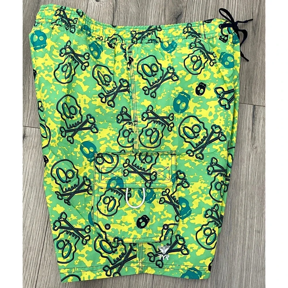 TYR Boys Skull Crossbone Challenger Swim Trunks - Yellow Green - Size XL 16-18